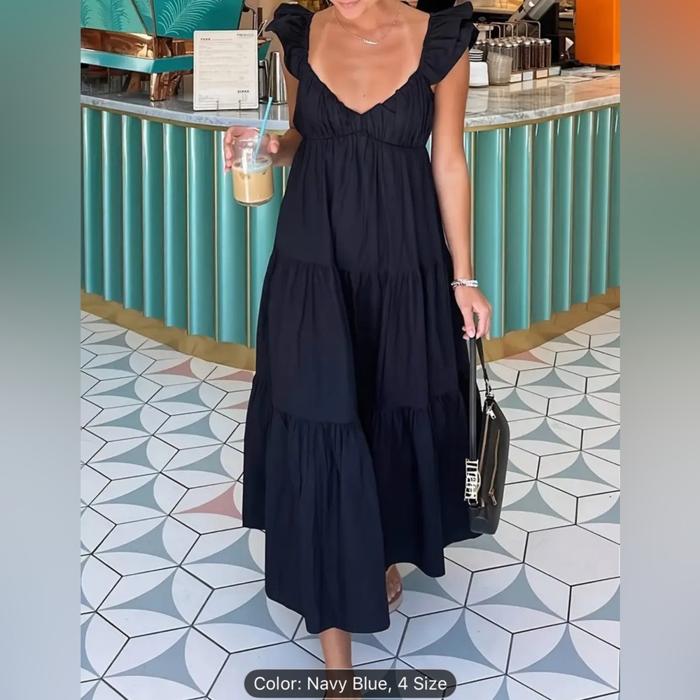 Navy Blue Ruffle Sleeve Tiered Dress | Size Small